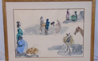 Shimshon Holzman watercolor, various figures & horses