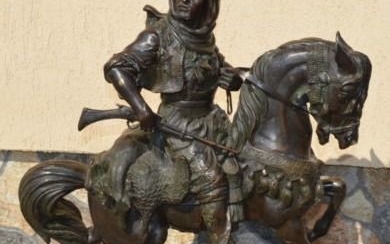 Signed Canovas - Bronze statue of an Arab hunter riding a horse in style of Barye