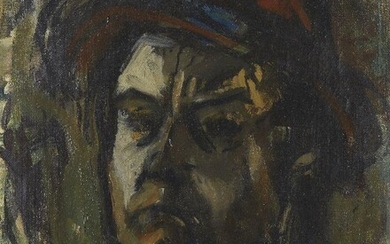 Sigurd Valdemar Lonholdt, Danish 1910-2001 - Self portrait of the artist quarter-length turned to the left in a blue coat and red hat; oil on canvas, signed with initials lower left 'S.V.L.', 59.5 x 48.5 cm: together with another work by the same...