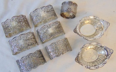 Silver lot, 2 nut dishes & 7 napkin rings, 6.5 troy, nut dishes are sterling, napkin rings are '800