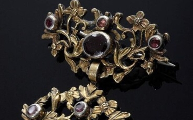 Silver/gilt pin with almandines in floral façon, 18th/19th century, 10,4g, 4,4x3,5cm