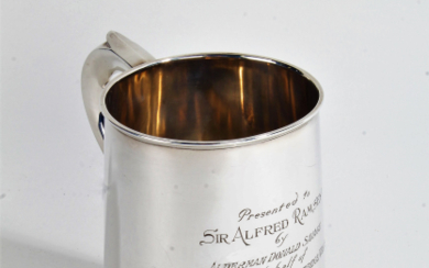 Sir Alf Ramsey interest, silver tankard with presentation inscription, reading 'Presented to Sir