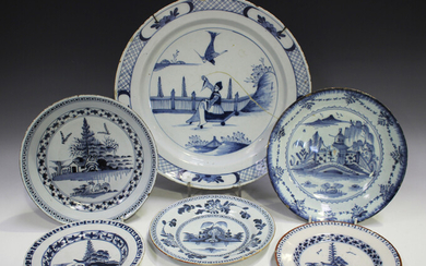 Six English Delft dishes or plates, mid to late 18th century, each with chinoiserie decoration, incl