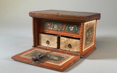 Small cabinet in beech and walnut with tempera painted decoration of polychrome floral motifs. Switzerland, late 17th century.
