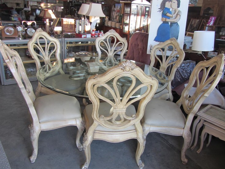 Solid Beech Wood Highly Ornate Round Dining Table with 6 Lea...
