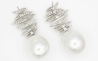 South Sea Baroque Pearl Diamond Drop Earrings 0.96 Carats 18K