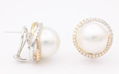 South Sea Pearl Studs and Halo Diamonds in Yellow White Rose Gold Earrings