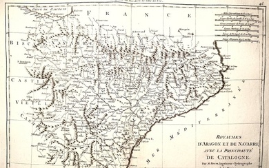 Spain, Map - Catalonia, Aragon; Rigobert Bonne - Royaume d'Aragon et de Navarre, avec la principauté de Catalogne - 1781-1800