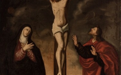 Spanish school; XVII century. "Crucifixion". Oil on canvas. Relined.