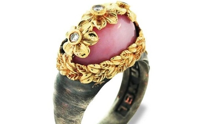 Stambolian Aged Silver & 18K Gold Floral Ring with Pink