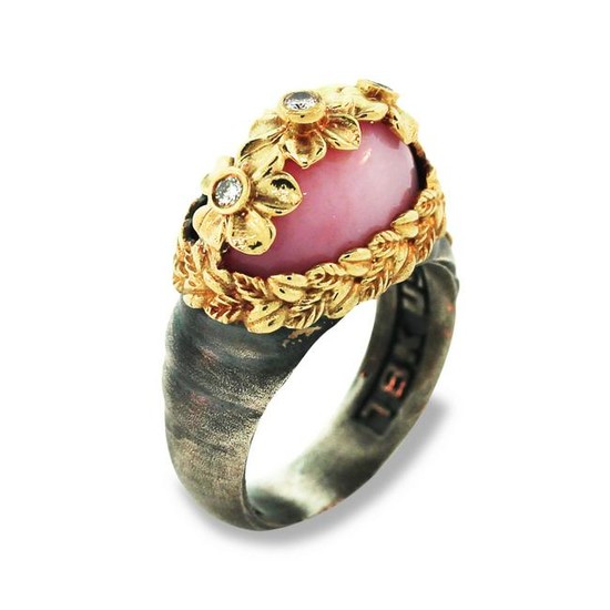 Stambolian Aged Silver & 18K Gold Floral Ring with Pink