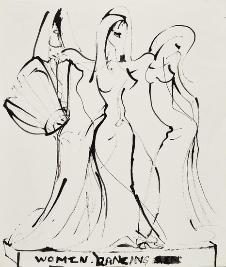 Sven Berlin, British 1911-1999- Women Dancing; ink on paper, signed and titled lower edge 'Sven Women Dancing' and with stamp 'The Julia and Sven Berlin collection', 56 x 48.1 cm: together with another ink on paper by the same artist 'Couple under...
