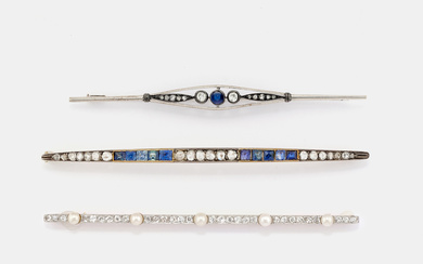 THREE DIAMOND AND GEM-SET LONG BAR BROOCHES one in...
