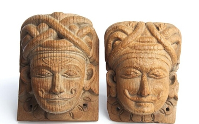 TWO INDIAN CARVED WOODEN FIGURAL WALL MOUNTS 19TH CENTURY