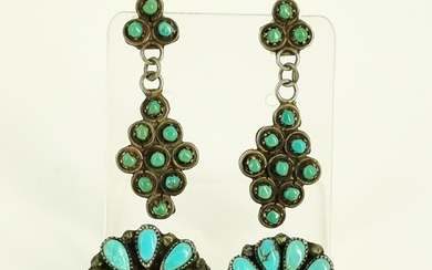 TWO PAIRS OF VINTAGE NATIVE AMERICAN STERLING SILVER AND TURQUOISE EARRINGS