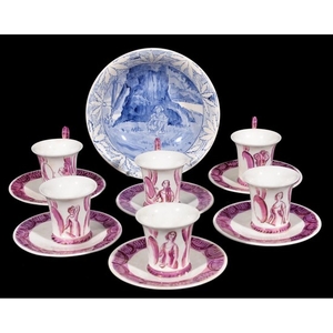 Therese Lessore for Wedgwood, a set of six Wedgwood bone china coffee cans and saucers