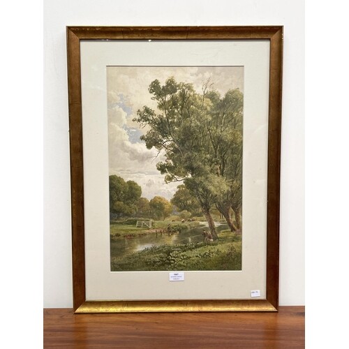 Thomas Pyne, watercolour, rural river scene with cattle & fi...
