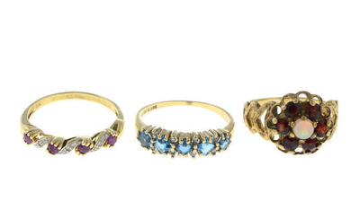 Three 9ct gold gem-set rings.