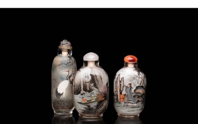 Three Chinese inside-painted glass snuff bottles, 20th C.H.:...