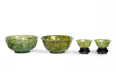 Three Chinese spinach hardstone and one carved spinach jade bowl 20th century...