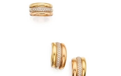 Three-Color Gold and Diamond Ring and Pair of Earclips, Cartier