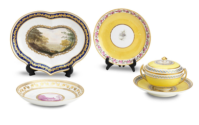 Three Derby dishes and a Derby Ecuelle, cover and stand