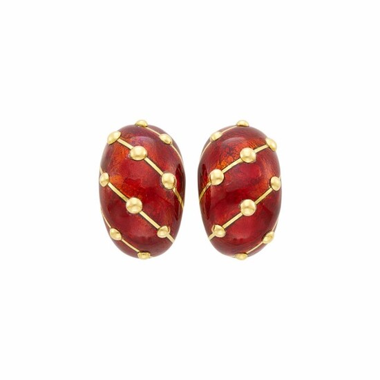 Tiffany & Co., Schlumberger Pair of Gold and Red Paillonné Enamel Earclips, France