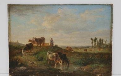Tiny Signed Oil Painting Cow Landscape Pastoral Scene