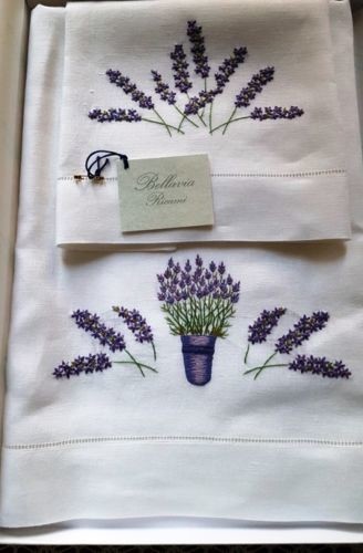 Towels 1+1 - Bellavia ricami - made of pure 100% linen - hand embroidered lavender flowers in satin stitch