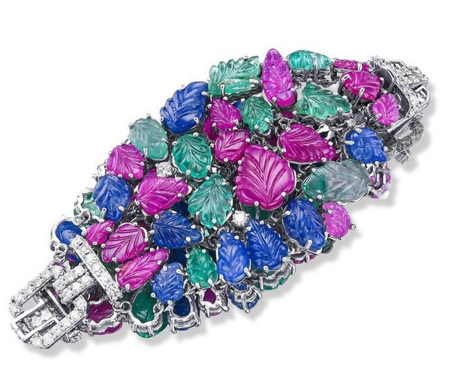 Tutti Frutti 50.10 Ct Sapphires and Ruby, 25.10 Carat Emerald, 2.80 Ct Diamonds Multi Row - 14 kt. White gold - Bracelet - NO RESERVE