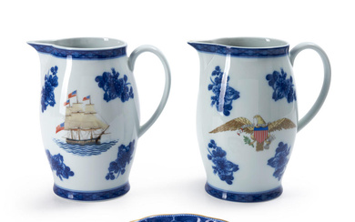 Two Chinese Export-style Porcelain Pitchers and a Small Tray, Mottahedeh...