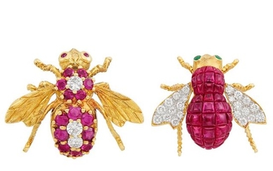 Two Gold, Ruby, Invisibly-Set Ruby and Diamond Insect Pins