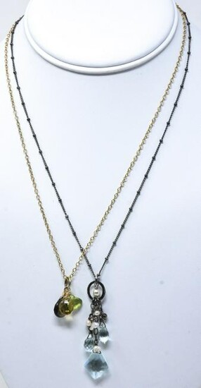 Two Necklaces w Pearls, Citrine, Peridot, Quartz