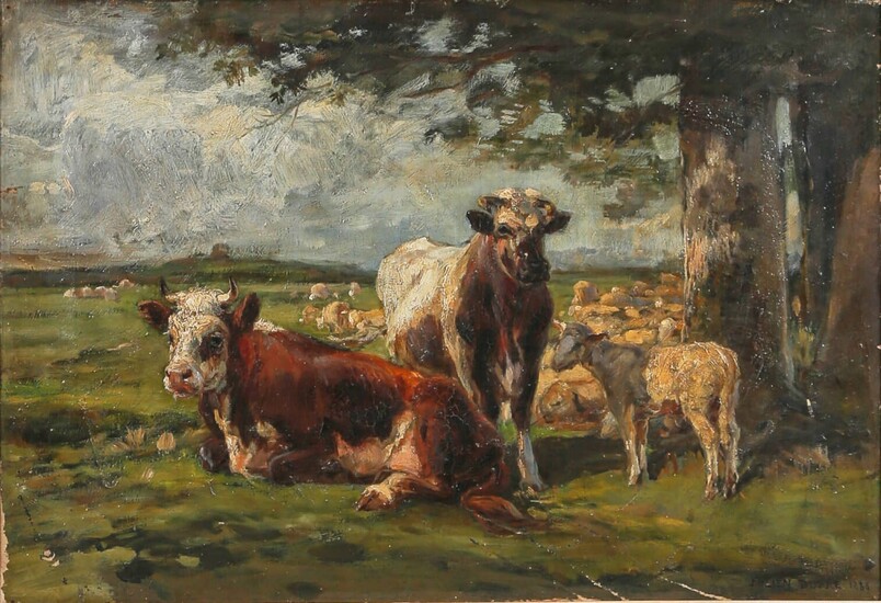 Two cows and a lamb grazing in a meadow 1883...