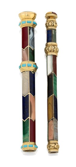 Two early 19th century gold mounted hardstone pencil holders, each with extending pencil system, one with inlaid barrel of hardstone chevron ended panels, hardstones include lapis lazuli, malachite and agate, with turquoise set gold mounts, and...