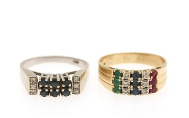 Two rings respectively set with circular-cut sapphires, emeralds, rubies and single-cut diamonds, respectively mounted in 14k gold and white gold. Size 57. (2)