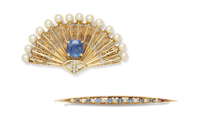 Two sapphire, seed pearl, cultured pearl and gold brooches