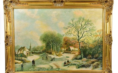 UNATTRIBUTED; oil on canvas, figures skating in lake, signed, 49...