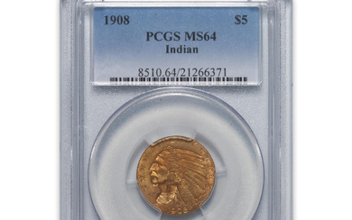 United States 1908 Indian Head $5 Half Eagle Gold Coin.