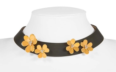 VAN CLEEF & ARPELS "Frivole" Collection Dog collar in black satin silk doubled with leather, adorned