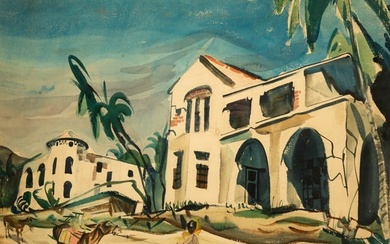 "VIEW OF BUILDINGS" BY HENRY GEORGE KELLER (1869-1949).