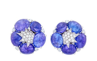 Verdura Pair of White Gold, Cabochon Tanzanite and Diamond 'Stardust Cluster' Earclips