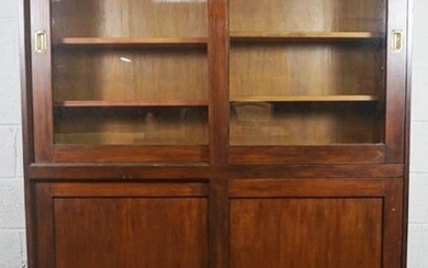 Victorian Stained Pine Housekeepers Cupboard, With two glazed doors over two panelled doors
