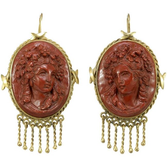 Victorian jasper cameos 14K gold earrings