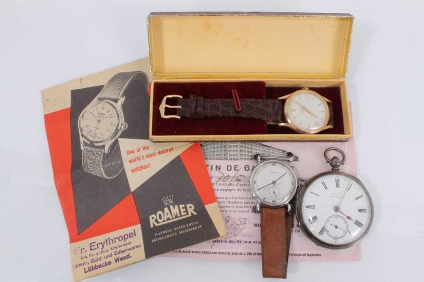 Victorian silver cased pocket watch, Henex watch and Roamer Supr-Shock wristwatch