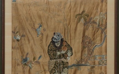 Vintage Chinese Silk Embroidered Panel, depicting the Immortal Li Tieguai holding a smoking gourd in