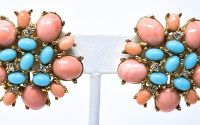 Vintage Ciner Earrings w Faux Coral & Turquoise