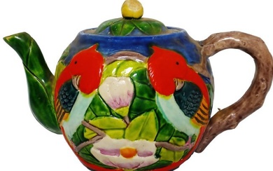 Vintage Hand Painted Colorful Tropical Bird Japanese Ceramic Decorative Teapot w/ Lid