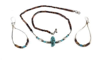 Vintage Navajo Heishi Bead Turquoise Nugget Liquid Silver Necklace Earrings Set