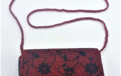 Vintage Red and Black Beaded Clutch Purse with Strap